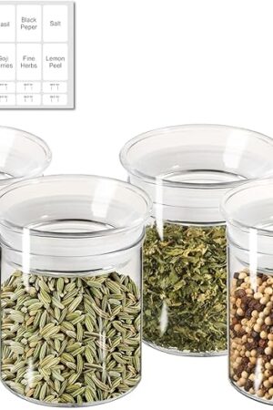 ZENS 10oz Glass Jars with Airtight Lid, 4 Pack Glass Kitchen Canisters Set for Spice, Loose Tea, Small Clear Glass Storage Jars with Labels for Herbs, Sugar