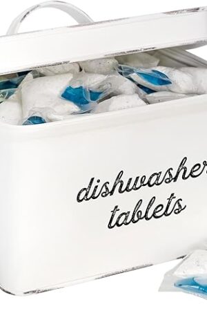 AuldHome Design Dishwasher Pod Holder, Tablet Container; White Enamelware Rustic Kitchen Storage Tin w/Lid