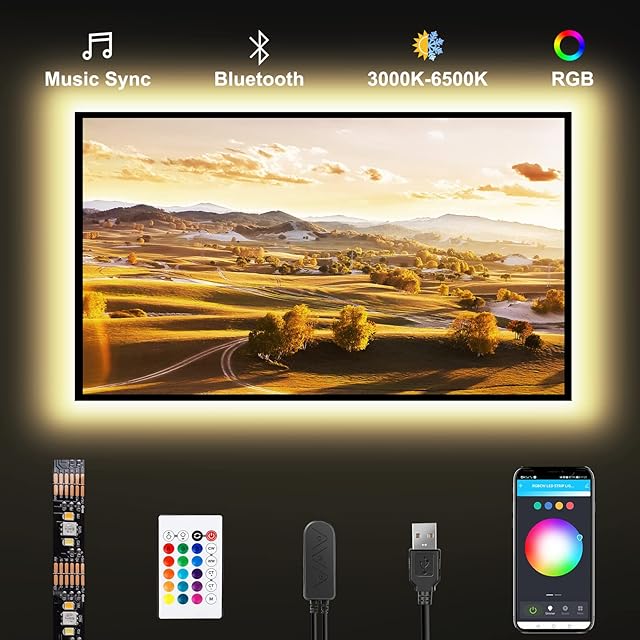 Bluetooth RGBWW LED Lights for 70-75 Inch TV with App Control, RGB+Tunable White 3000K-6500K TV LED Backlight with RF Remote, Music Sync Indoor for TV, Gaming