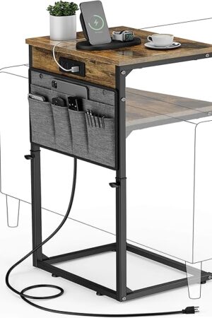 Vagusicc C Shaped End Table with Charging Station, 33" Tall Side Table for Couch, Sofa Table Adjustable Height Small Couch Side C Table, Slide Under Sofa Tray Arm Table for Living Room, Bedroom, Brown