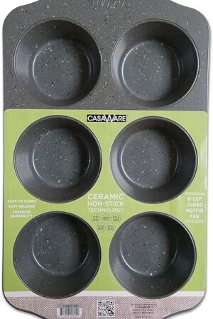 casaWare Jumbo Muffin Pan 6 Cup Ceramic Coated Non-Stick (Silver Granite)