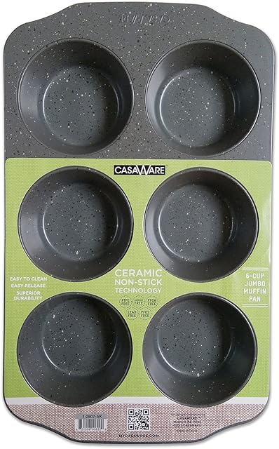 casaWare Jumbo Muffin Pan 6 Cup Ceramic Coated Non-Stick (Silver Granite)