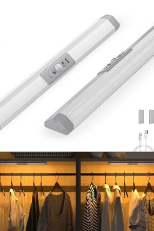 WOBANE Closet Lights Motion Sensored with Eye-Protection,Rechargeable LED Wardrobe Lighting with 3 Color,12 inch Dimmable Wireless Battery Operated Light Indoor for Stair,Pantry,Hallway,900mAh,2PCS