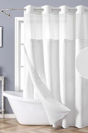 White No Hook Shower Curtain with Snap-in Fabric Liner Set,Slub Textured Fabric Shower Curtains for Bathroom,Hotel Style Modern Shower Curtain,Water Repellent & Washable,71x74(72)