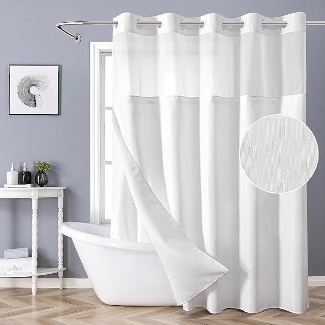 White No Hook Shower Curtain with Snap-in Fabric Liner Set,Slub Textured Fabric Shower Curtains for Bathroom,Hotel Style Modern Shower Curtain,Water Repellent & Washable,71x74(72)