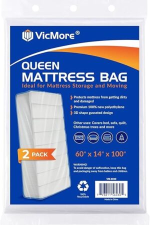VICMORE 2 Pack Queen Mattress Bags for Moving, Storage & Disposal – Clear Heavy-Duty Plastic Covers, Tear-Resistant & Dustproof, Recyclable (Fits Queen Beds)