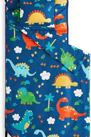 Wake In Cloud - Cot Nap Mat with Pillow and Blanket, 100% Cotton Fabric, for Toddler Kids Boys Girls in Daycare Kindergarten Preschool with Elastic Corner Straps, Dinosaurs on Navy Blue