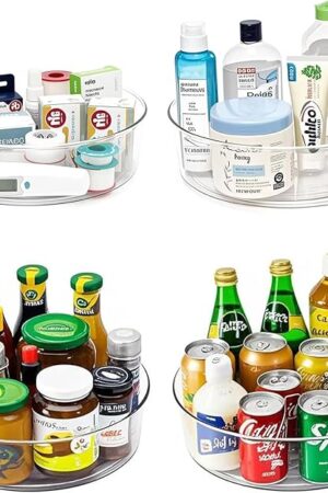 4 Pack Lazy Susan 11.5" Inch Turntable Organizer Organization Storage Container Bins Spice Rack Cabinet Rotating Condiment for Pantry Countertop Kitchen Vanity Bathroom Jewelry Holder Clear