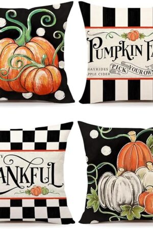 4TH Emotion Fall Pillow Covers 18 x 18 Inch Set of 4, Thanksgiving Polka Dot Farmhouse Decorations Orange Pumpkin Outdoor Autumn Thankful Pillows Decorative Cushion Case for Home Decor S24F08