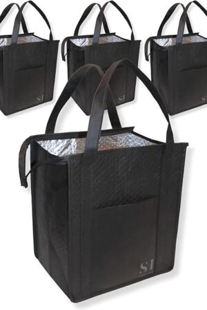 Black Insulated Grocery Bags, 4 Pack Reusable Shopping Bags with Zippered Top for Groceries & Food Delivery