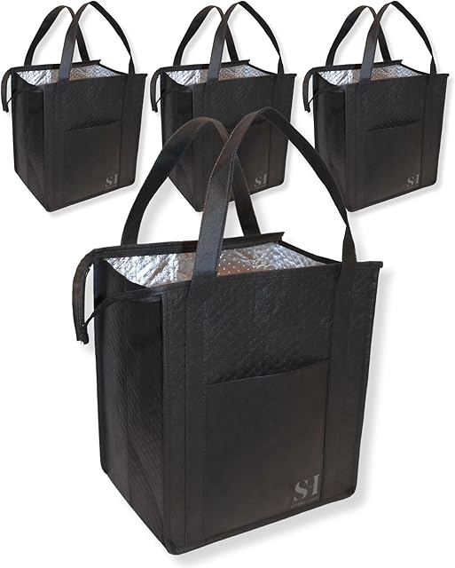 Black Insulated Grocery Bags, 4 Pack Reusable Shopping Bags with Zippered Top for Groceries & Food Delivery