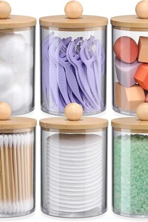 6-Pack Bamboo Qtip Holders - Bathroom Storage for Cotton Balls, Swabs, Pads, Floss
