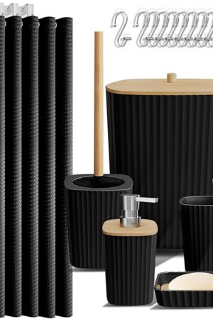Clara Clark Bathroom Accessories Set - Bathroom Set, 20PC Bathroom Accessory Set, Black Shower Curtain Set, Toilet Brush, Trash Can & Soap Dispenser
