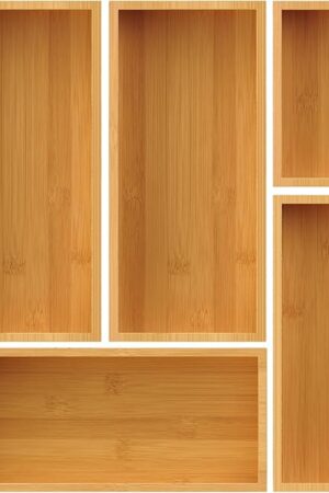 Bamboo Drawer Organizer Set, 5-Piece Storage Trays for Kitchen, Bathroom, Office Desk, Makeup & Junk Drawers,Utensils