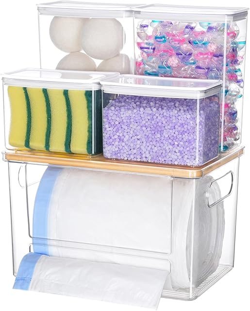 Trash Bag Holder Laundry Pods Container, 5 in 1 Trash Bag Dispenser Under Sink Acrylic Garbage Bags and Dishwasher Pod Organizer Detergent Powder Container, Laundry Room Organization Storage
