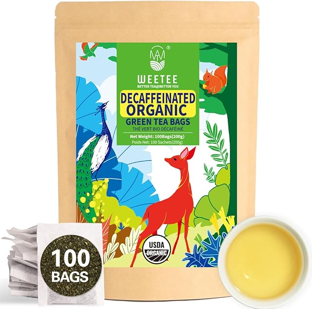 WT WEETEE Organic Decaf Green Tea Bags, 100 Count, CO2-Decaffeinated | Super Antioxidant | Resealable Kraft Bag