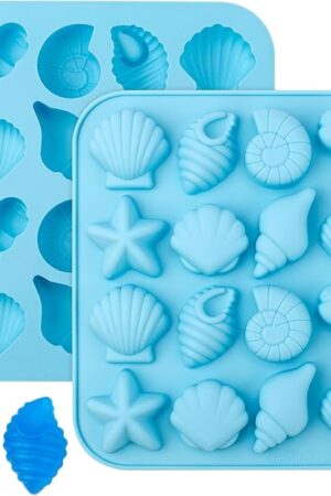 2pcs Seashell Templates, Marine Theme Silicone Molds Shells Starfish Conch Sea Silicone Moulds Sea Animal Templates for Candy Chocolate (Blue)