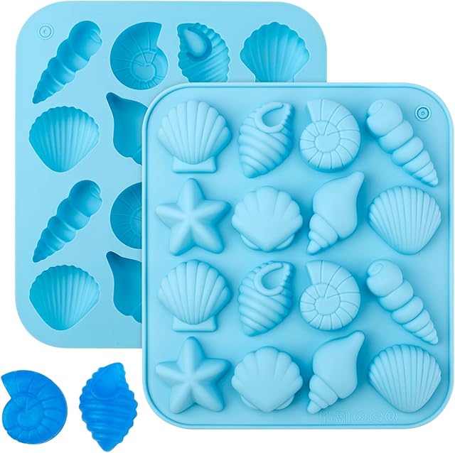 2pcs Seashell Templates, Marine Theme Silicone Molds Shells Starfish Conch Sea Silicone Moulds Sea Animal Templates for Candy Chocolate (Blue)