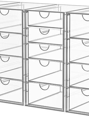 Acrylic Makeup Organizer with 19 Drawers, 4 Pack Clear Storage Drawers, Bathroom Makeup Organizer for Palettes, Cosmetic, and Beauty Supplies,Ideal for Vanity, Cabinet,Desk Organization