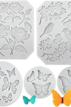 5 Pack Butterfly Rose Flower Stems Birds Blossoms Silicone Fondant Mold, for Making Chocolate Fondant Jelly Polymer Clay Soap Crafting DIY Projects and Cake Decoration