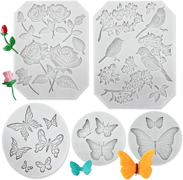 5 Pack Butterfly Rose Flower Stems Birds Blossoms Silicone Fondant Mold, for Making Chocolate Fondant Jelly Polymer Clay Soap Crafting DIY Projects and Cake Decoration