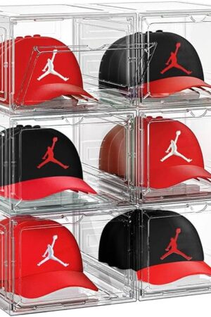 6 Pack Hat Organizer Box, Stackable Clear Baseball Caps Holder Box Containers with Magnetic Door for Hats Snapback Cap Storag, Hat Rack Display Case, Holds 8 Hats Each (Clear)