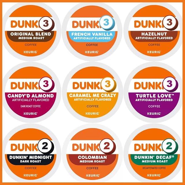 Dunkin' Coffee Variety Pack Sampler For Keurig Machines – 24 Count – Includes Original, French Vanilla, Hazelnut, Caramel Me Crazy, Candy’d Almond, Turtle Love, Colombian, Midnight, Decaf