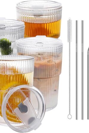 16 OZ Iced Coffee Cups with Lids and Straws Set of 4, Unbreakable Plastic Drinking Glasses Reusable Iced Coffee Glass to Go Cup for Iced Tea,Juice, Water,BPA Free, Dishwasher Safe
