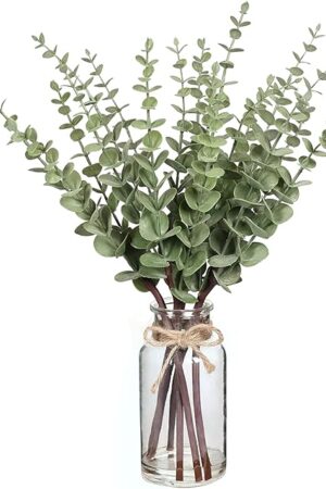 VIERENA 17.5" Artificial Eucalyptus Stems in Glass Vase with Faux Water,Fake Plant Eucalyptus Leaves White Seeds for Centerpiece Table Decorations Farmhouse Wedding Home Greenery Decor (Sage Green)
