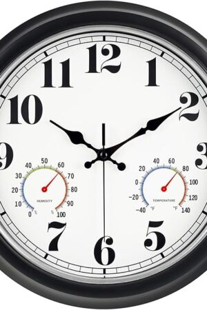 45MinST 13-Inch Vintage Outdoor Wall Clock with Thermometer and Hygrometer, Waterproof, Large Numbers, Silent, for Indoor and Outside Use,Porch,Garden,Pool(Black Frame with Silver Trim)