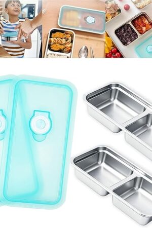 2pcs Grab and Go Snack Containers Stainless Steel, Reusable Snack Condiment Containers with Lids, Double Compartment Food Lunch Meal Container Prep for Travel, Small Packs Container