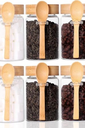 16 OZ Tea Jars Screw Top for Loose Tea, Set of 6 Loose Leaf Container Airtight, Glass Jars with Screw on Lids and Spoons, Overnight Oats Containers with Lids