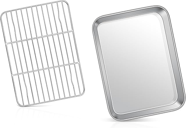 Baking Sheet Pan with Rack Set, Joyfair Stainless Steel Toaster Oven Pans Tray & Cooling Racks for Cookie/Jelly Roll/Bacon/Meat, Commercial Metal & Rust-free, Dishwasher Safe (9 Inch)