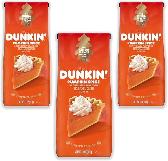 Dunkin' Pumpkin Spice Seasonal Flavor Ground Coffee Variety Pack, 11 Ounce Bag (Pack of 3)