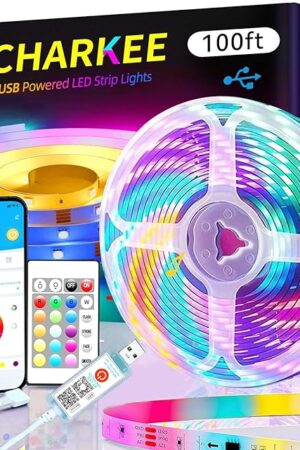 CHARKEE LED Lights 100ft USB-Powered, Music Sync RGB LED Strip Lights for Bedroom/TV Backlight/Gaming Lighting, Color Changing Bluetooth Led Lights IR Remote&App Control