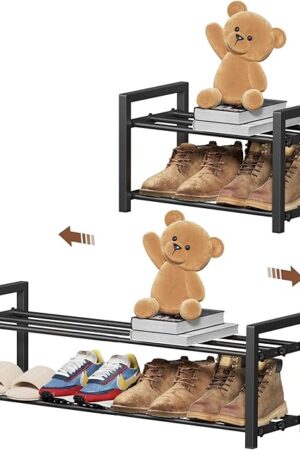 2-Tier Expandable Shoe Rack,Adjustable Shoe Shelf Storage Organizer Heavy Duty Metal Free Standing Shoe Rack for Entryway Closet Doorway (Black)