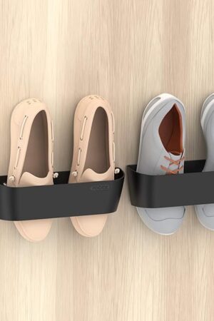 Wall Mounted Shoes Rack 2Pack with Sticky Hanging Strips, Plastic Shoes Holder Storage Organizer,Door Shoe Hangers (SM03-Black-2)
