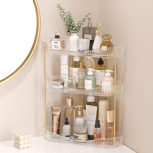 Lifewit 3-Tier Corner Bathroom Counter Organizer, Plastic Makeup Skincare Organizers Storage Countertop, Sink Vanity Trays Perfume, Cosmetic Shelf in Bedroom, Dresser, Kitchen (Clear)