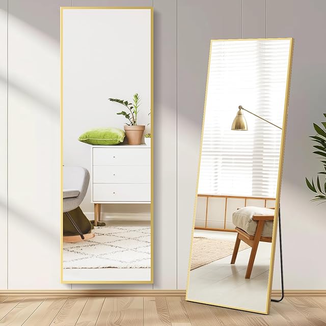 DUMOS Full Length Mirror 59"x16" Full Body Floor Mirror for Bedroom or Cloakroom, Can Stand Alone, Hang or Lean Against Wall, Tall Wall Mirror with Stand and Sleek Aluminum Alloy Thin Frame