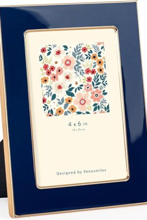 4x6 Enamel Picture Frame, Gold Metal Edge with Easel, Real Glass Photo Frame for Wall and Tabletop Display Family Office Photo Gallery, Blue Enamel/1pc