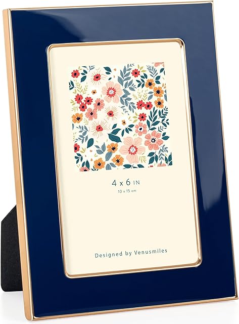 4x6 Enamel Picture Frame, Gold Metal Edge with Easel, Real Glass Photo Frame for Wall and Tabletop Display Family Office Photo Gallery, Blue Enamel/1pc