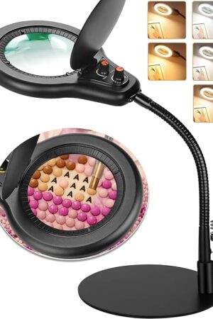 10X Magnifying Glass with Light and Stand, Flexible Gooseneck LED Lighted Desk Lamp, 2200 lumens Multiple Color Modes Stepless Dimming, Hands Free Magnifier for Craft Painting Hobby Reading