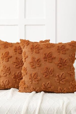 All Smiles Fall Decorative Throw Pillow Covers 18x18 Set of 2 Rust Thanksgiving Autumn Soft Plush Faux Fur Jacquard Farmhouse Home Cushion Case for Decor Living Room Couch Bed Sofa Boho，Maple Leaves