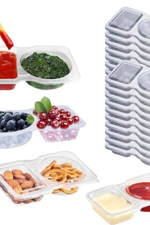 20 Sets Double Condiment Containers with Lids,Transparent Plastic Sauce Snack Containers for Dips, Snacks, Travel Size Condiments