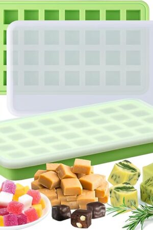 AIERSA 2Pcs Silicone Molds for Herb-Infused Oil Cubes, 32 Cavity Candy Gummy Molds with Lids & 2 Droppers for DIY 5/8x5/8x5/8in Square Gummies, Homemade Herbal Blocks, Jello, Pralines Caramels