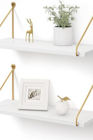 Afuly Floating Shelves for Wall, Metallic Gold White Wall Mounted Shelves, Shelves for Bathroom Kitchen Bedroom Solid Wood Metal Chic Bookshelf, Set of 2