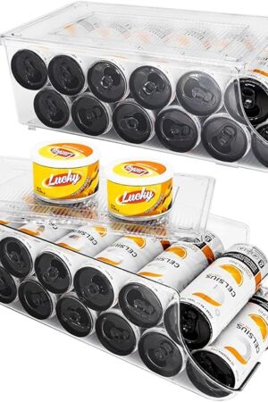2 Pack Skinny Can Organizer for Refrigerator, Stackable Tall Skinny Soda Pop Can Holder Dispenser with Lid for Fridge Pantry Rack Freezer, Clear Plastic Storage Bins-Holds 12 Slim Cans Each
