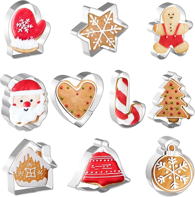 Christmas Cookie Cutters 10 PCS, 3'' to 3.5'', Santa Face, Gingerbread Man, House, Christmas Tree, Bell, Mitten