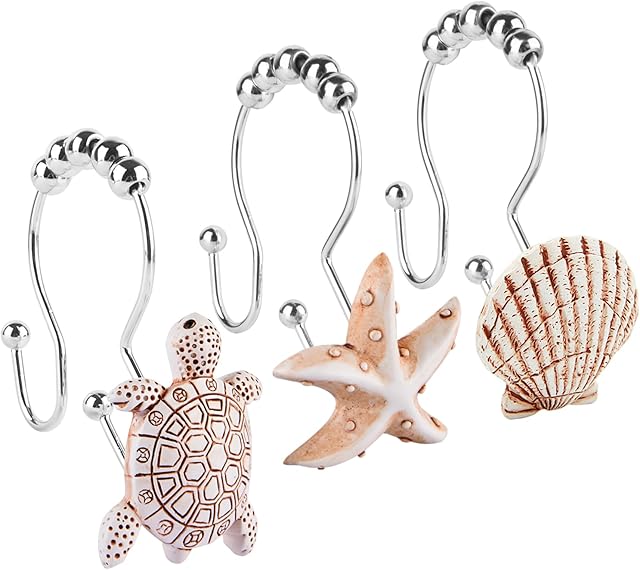 Double Shower Curtain Hooks,12Pcs Seashell Shower Curtain Hooks Double Shower Curtain Hooks Decorative Bathroom for Home Bathroom Bedroom Living Room