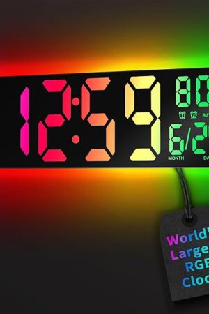 16.5" Large Digital Wall Clock with Remote Control, RGB Atmosphere Lights with 11 Scenes Mode, Dual Alarms with Big LED Display, Auto DST, Temperature for Classroom Gaming
